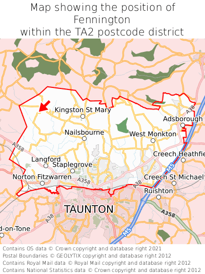 Map showing location of Fennington within TA2