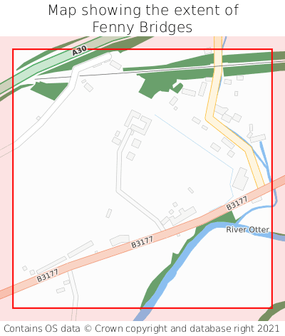 Map showing extent of Fenny Bridges as bounding box