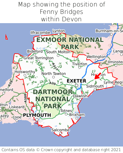 Map showing location of Fenny Bridges within Devon