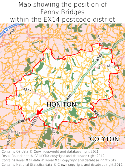 Map showing location of Fenny Bridges within EX14