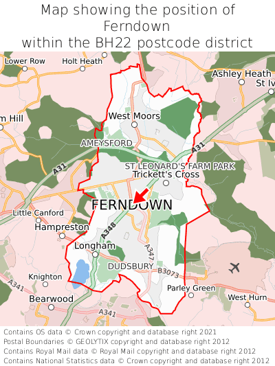 Map showing location of Ferndown within BH22