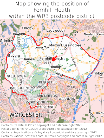 Map showing location of Fernhill Heath within WR3