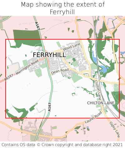 Map showing extent of Ferryhill as bounding box
