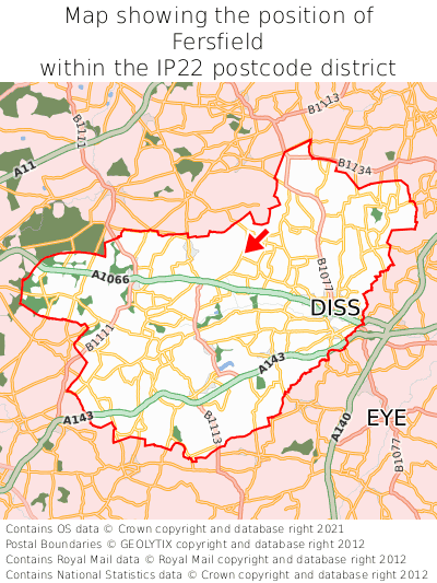 Map showing location of Fersfield within IP22