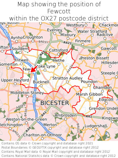 Map showing location of Fewcott within OX27