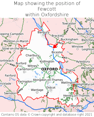 Map showing location of Fewcott within Oxfordshire