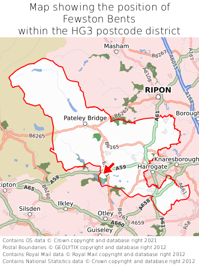 Map showing location of Fewston Bents within HG3