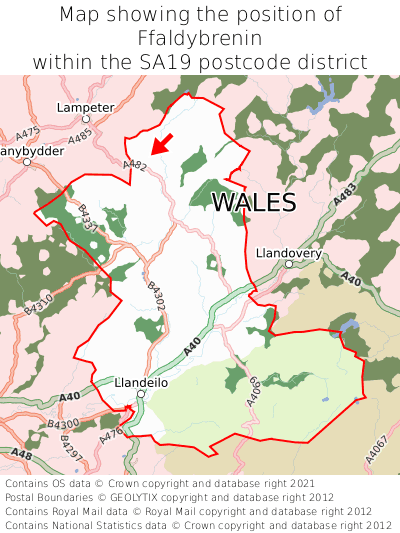 Map showing location of Ffaldybrenin within SA19