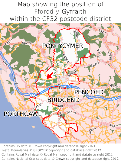 Map showing location of Ffordd-y-Gyfraith within CF32