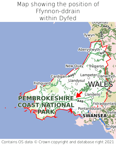 Map showing location of Ffynnon-ddrain within Dyfed