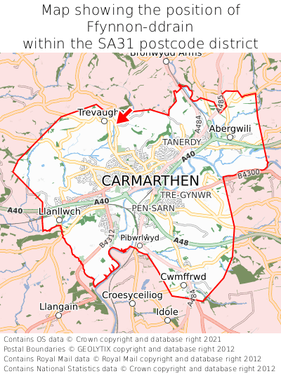 Map showing location of Ffynnon-ddrain within SA31