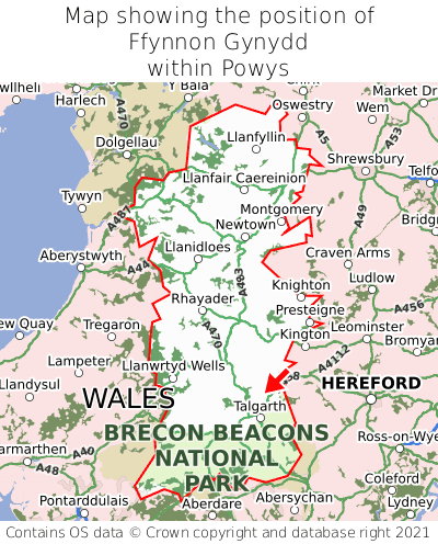 Map showing location of Ffynnon Gynydd within Powys