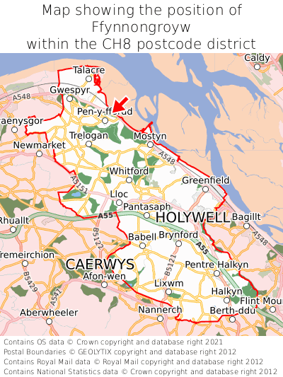 Map showing location of Ffynnongroyw within CH8