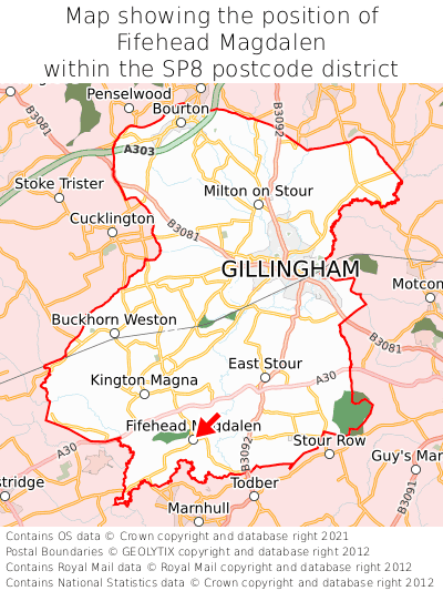 Map showing location of Fifehead Magdalen within SP8