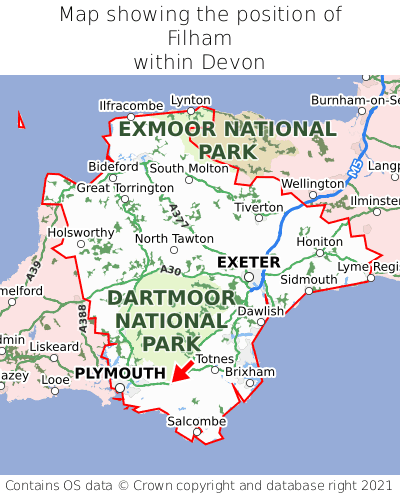 Map showing location of Filham within Devon