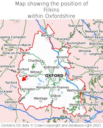 Map showing location of Filkins within Oxfordshire