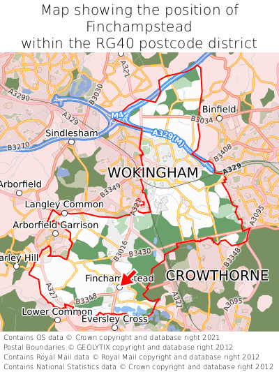 Map showing location of Finchampstead within RG40