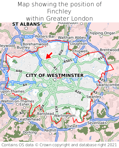 Map showing location of Finchley within Greater London