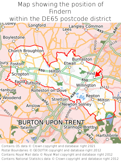 Map showing location of Findern within DE65