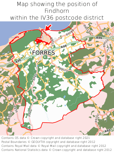 Map showing location of Findhorn within IV36