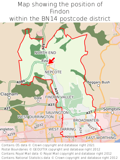 Map showing location of Findon within BN14