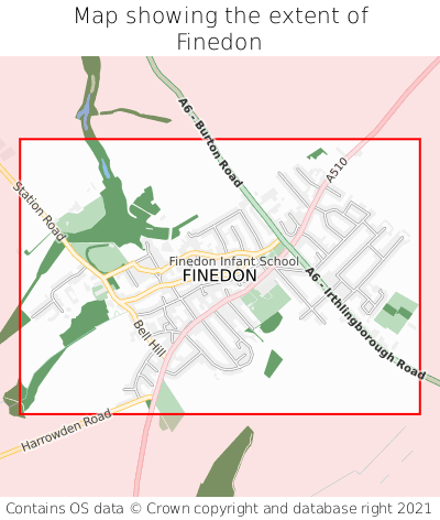 Map showing extent of Finedon as bounding box