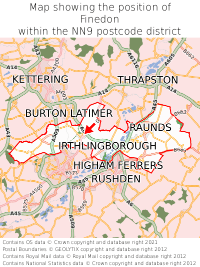 Map showing location of Finedon within NN9