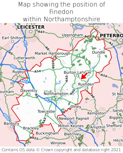 Map showing location of Finedon within Northamptonshire