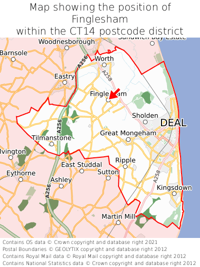 Map showing location of Finglesham within CT14