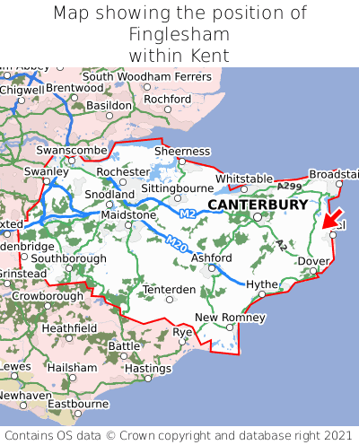Map showing location of Finglesham within Kent