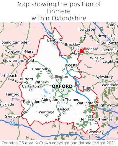 Map showing location of Finmere within Oxfordshire