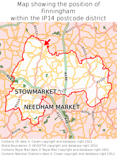 Map showing location of Finningham within IP14