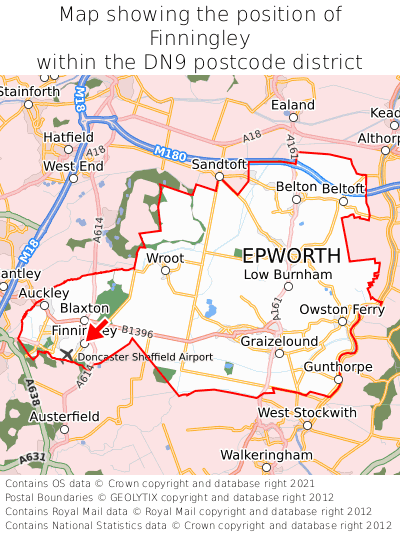 Map showing location of Finningley within DN9