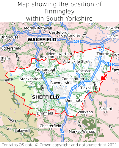 Map showing location of Finningley within South Yorkshire