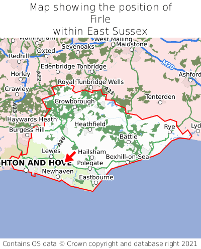 Map showing location of Firle within East Sussex