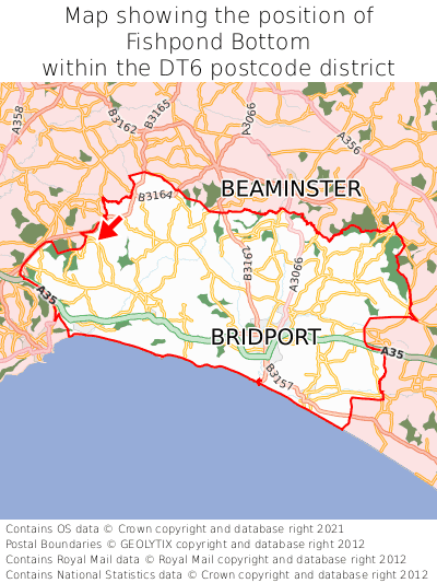 Map showing location of Fishpond Bottom within DT6