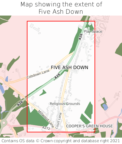 Map showing extent of Five Ash Down as bounding box