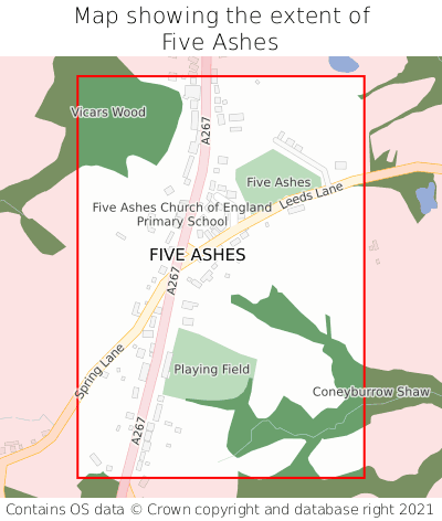 Map showing extent of Five Ashes as bounding box
