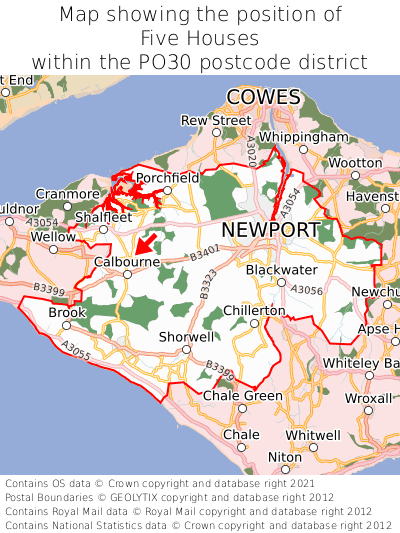 Map showing location of Five Houses within PO30