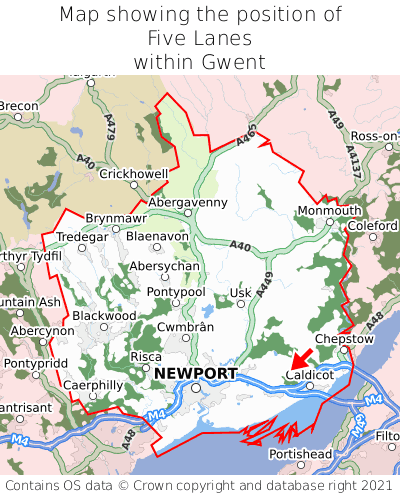 Map showing location of Five Lanes within Gwent