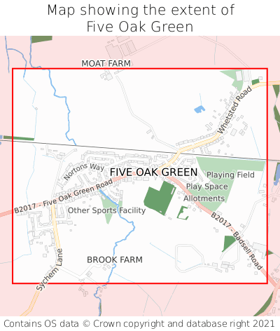 Map showing extent of Five Oak Green as bounding box