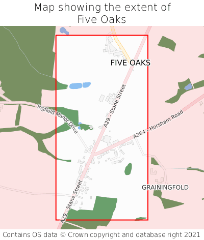 Map showing extent of Five Oaks as bounding box