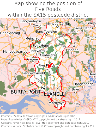 Map showing location of Five Roads within SA15