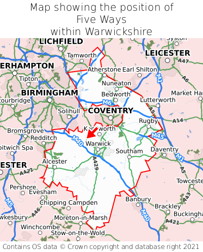 Map showing location of Five Ways within Warwickshire