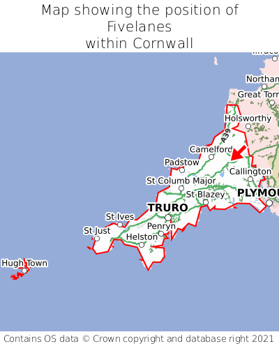 Map showing location of Fivelanes within Cornwall