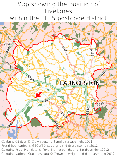 Map showing location of Fivelanes within PL15