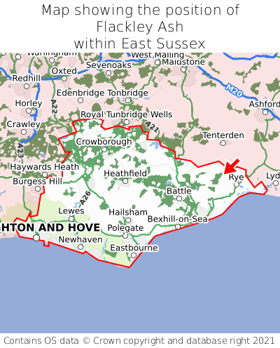 Map showing location of Flackley Ash within East Sussex