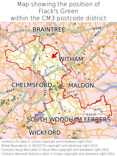 Map showing location of Flack's Green within CM3