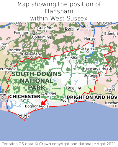 Map showing location of Flansham within West Sussex