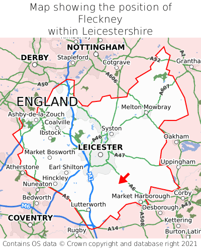 Map showing location of Fleckney within Leicestershire